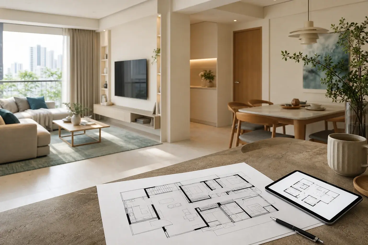 Fictional floor-plan-led renovation concept shown beside a warm interior direction.