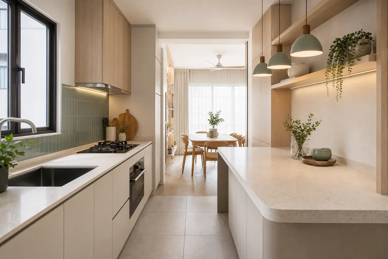 Fictional kitchen makeover concept with warm cabinetry and a calm material palette.