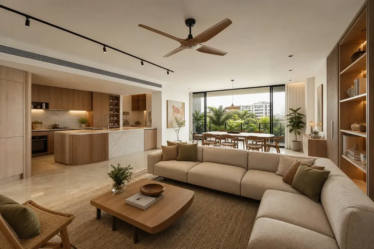 Fictional warm contemporary living-room concept used to illustrate a renovation planning journey.